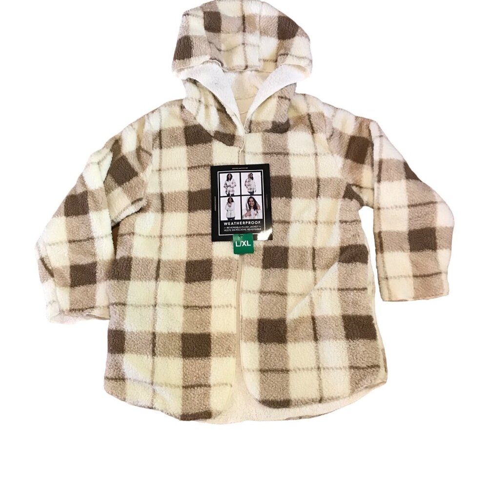 Weatherproof Plush Jacket Women Lg XL Reversible Hood Beige Brown Plaid New
